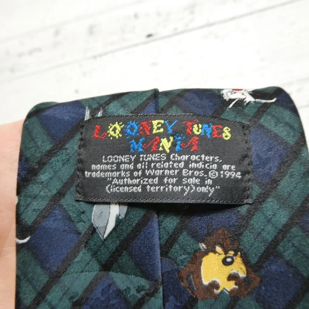 Vintage Looney Tunes Mania Tie Mens One Size Blue Tartan Novelty Cartoon 90s
